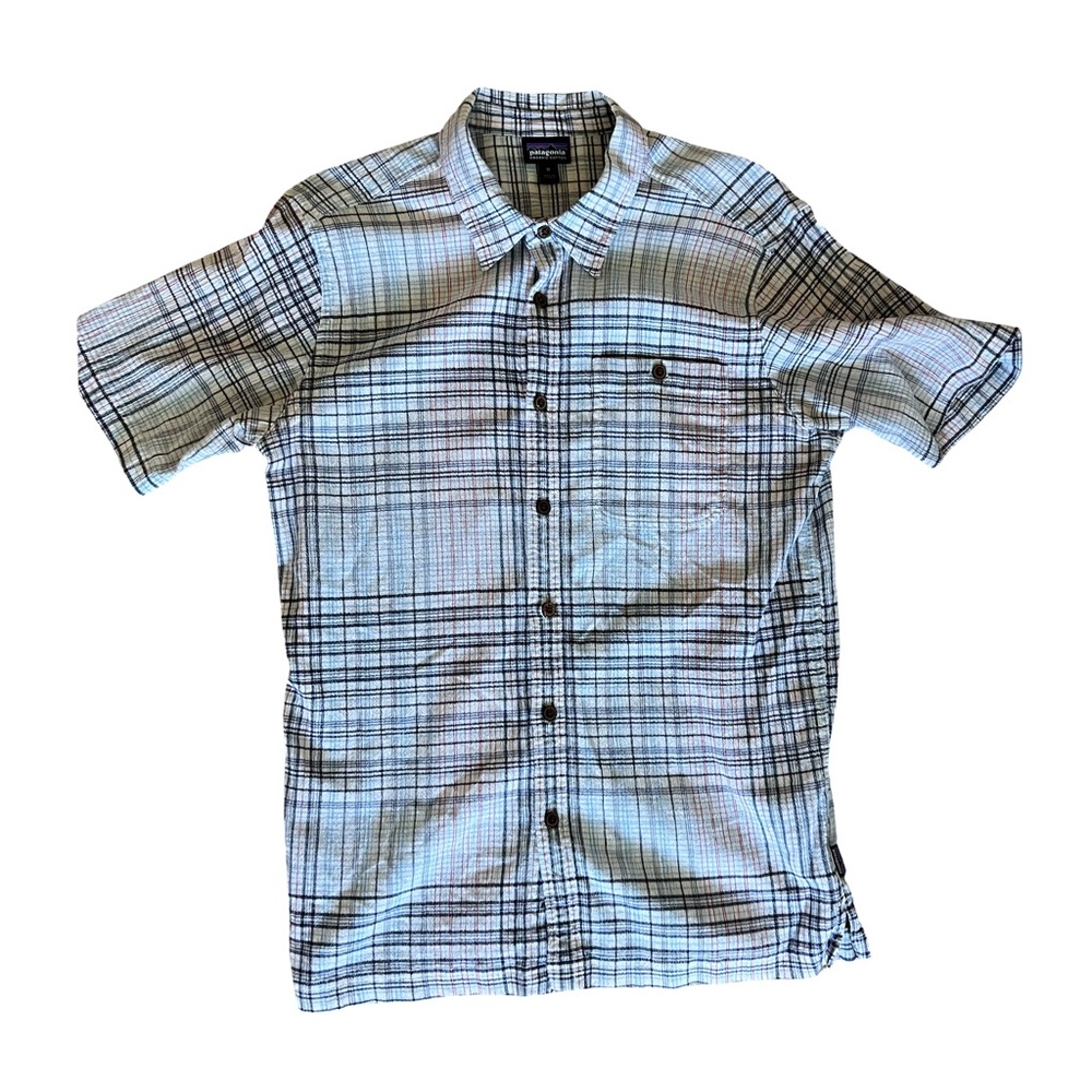Patagonia Organic Cotton Blue and Black Plaid Button Down Shirt
